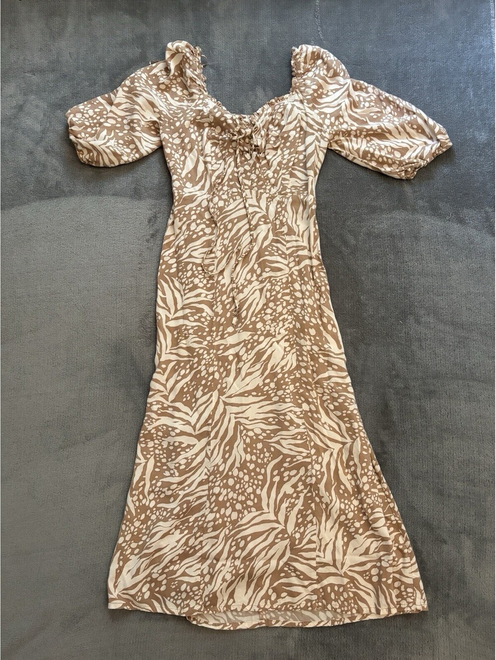 Jessica Simpson Brown & White Print Smocked Midi Dress S, Puff Sleeve